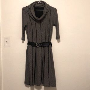 Cowl Neck 3/4 Sleeve Belted Striped Sweater Dress